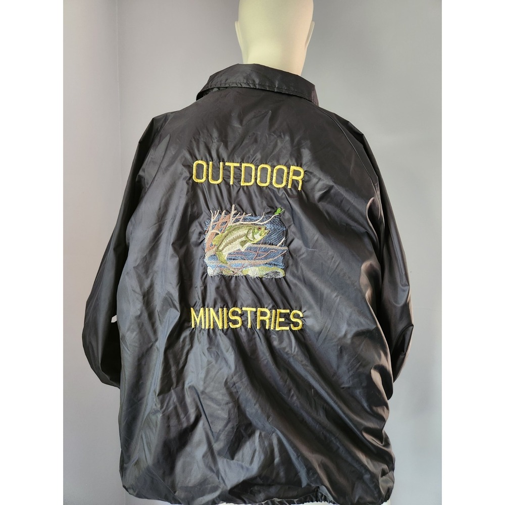Vtg Bass Fishing Embroidered Jacket Windbreaker‎ Ministries Black Camp Mens 2XL